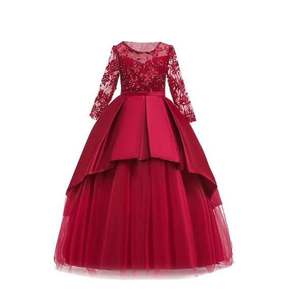 Zwiiyzr 2025 7-14Y Girls Tulle Dress Bridesmaid Sparkle Wedding Pageant Dresses Solid Color Long Sleeve Hollow Lace Mesh Bow Princess Dress Red