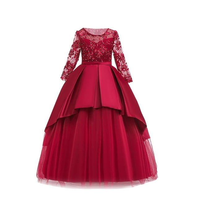 Floleo Robe Formelle pour Enfants, Robe de Fête pour Filles, Élégante Jupe à Étages avec Robe Unie pour Anniversaire, Célébration, Concours, Défilé de Mode (Rouge#2,12 Ans)