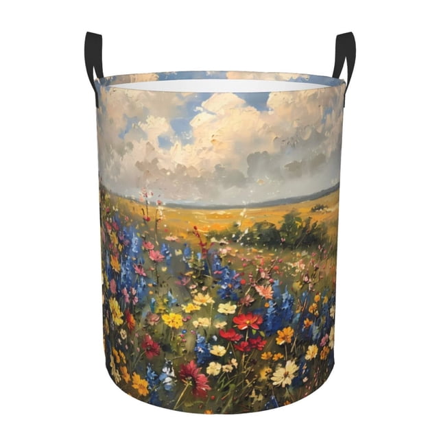 Balery Vibrant Wildflower Meadow Cesta de ropa redonda con asas, impermeable, independiente, para ropa, juguetes, dormitorio y familia-Small