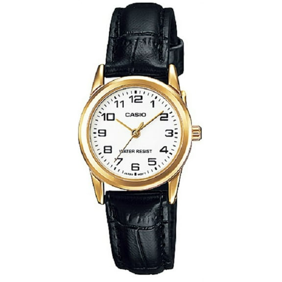Casio Black Leather Ladies Analog Gold Bezel Watch LTP-V001GL-7B