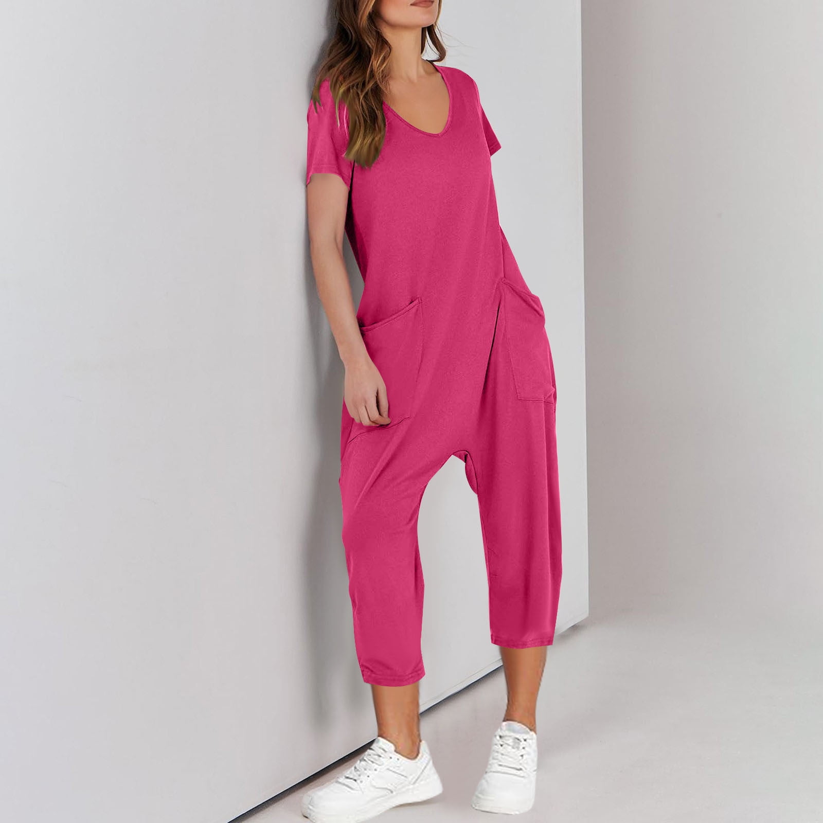 AGWOLF Adult Onesie Pajamas for Women Stretch V Neck Short Sleeve Jumpsuits Loose Fit Solid Ankle Length Pants Summer Rompers with Pockets Soft Sleepwear Homewear One Piece Hot Pink XXL
