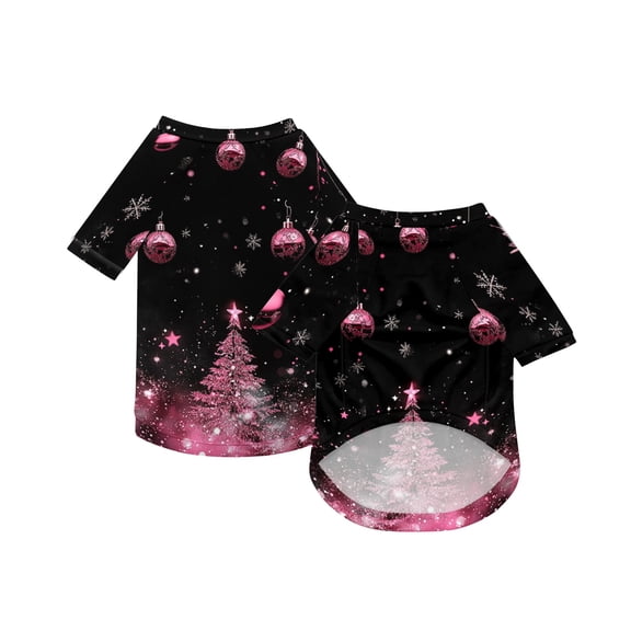 Dog Christmas Outfit with Pink Holiday Tree Print and Mesh Hem, Festive Pet Shirt for Small Dogs, Christmas Gift Dog Apparel 1 Pack