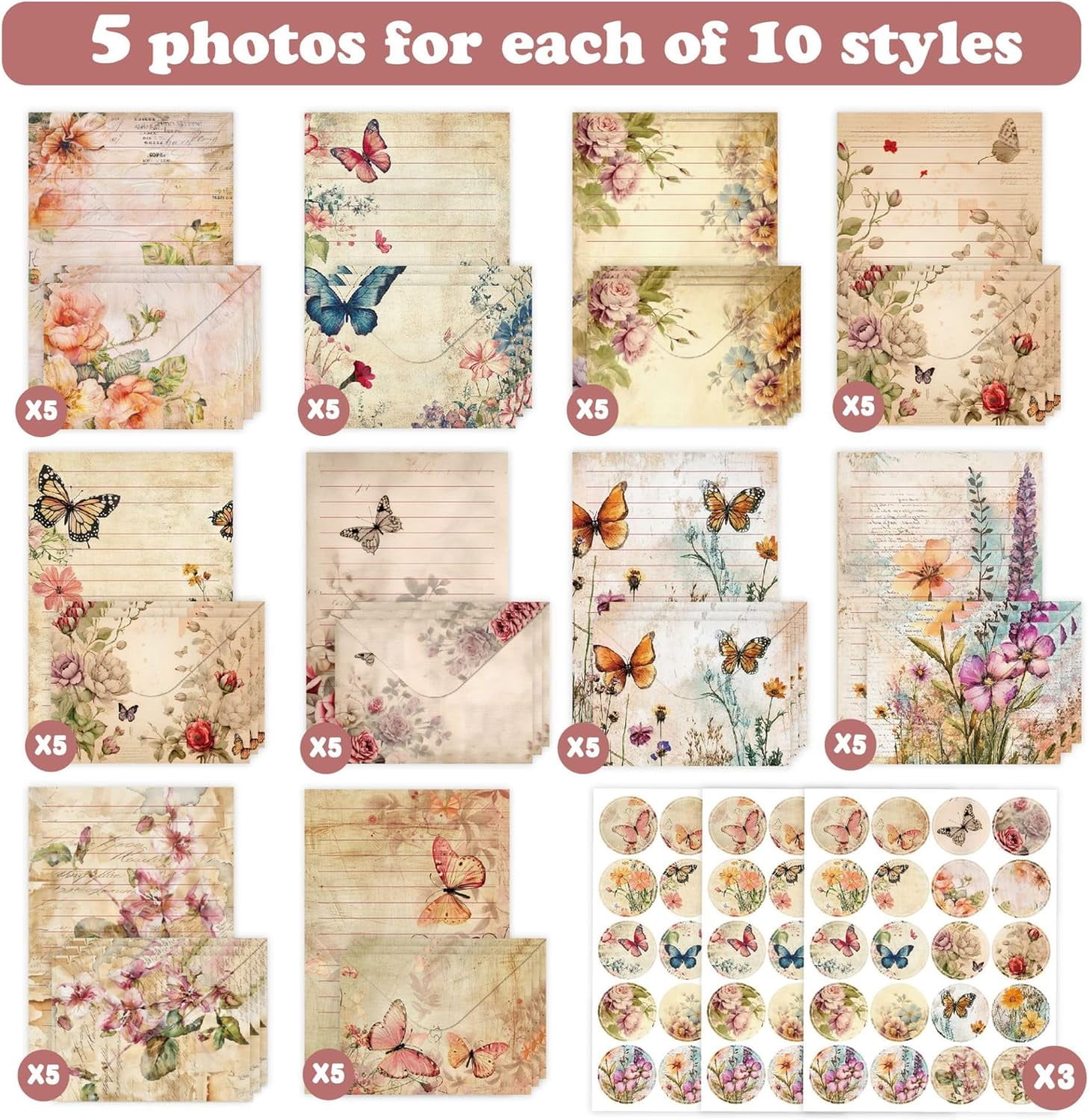 160 Packs Stationery Paper and Envelopes Set 10 Different Designs, 50 One Sided Writing Papers with Matching 60 Round Dot Sticker, 5.5 x 8.25 Inch (VintagePlant)