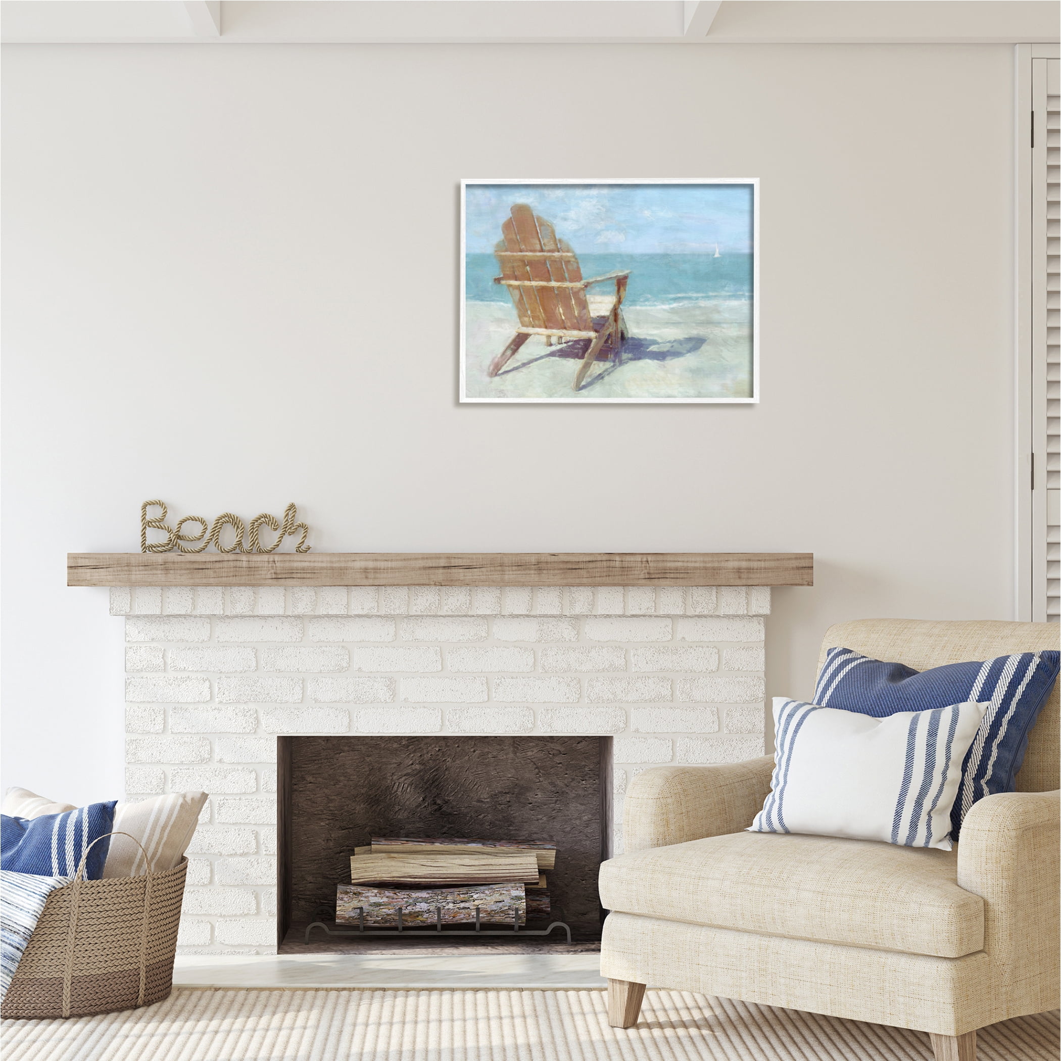 Stupell Industries Beach Chair by Shore Nature Painting White Framed Art Print Wall Art, 30 x 24