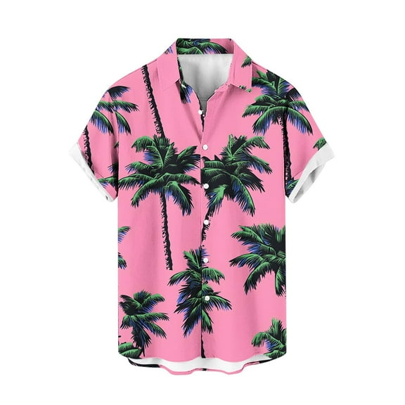 AHTJRT Men’s Short Sleeve Hawaiian Shirt with Gradient Palm Fronds Hibiscus Blooms Button Down Shirt Multicolor L