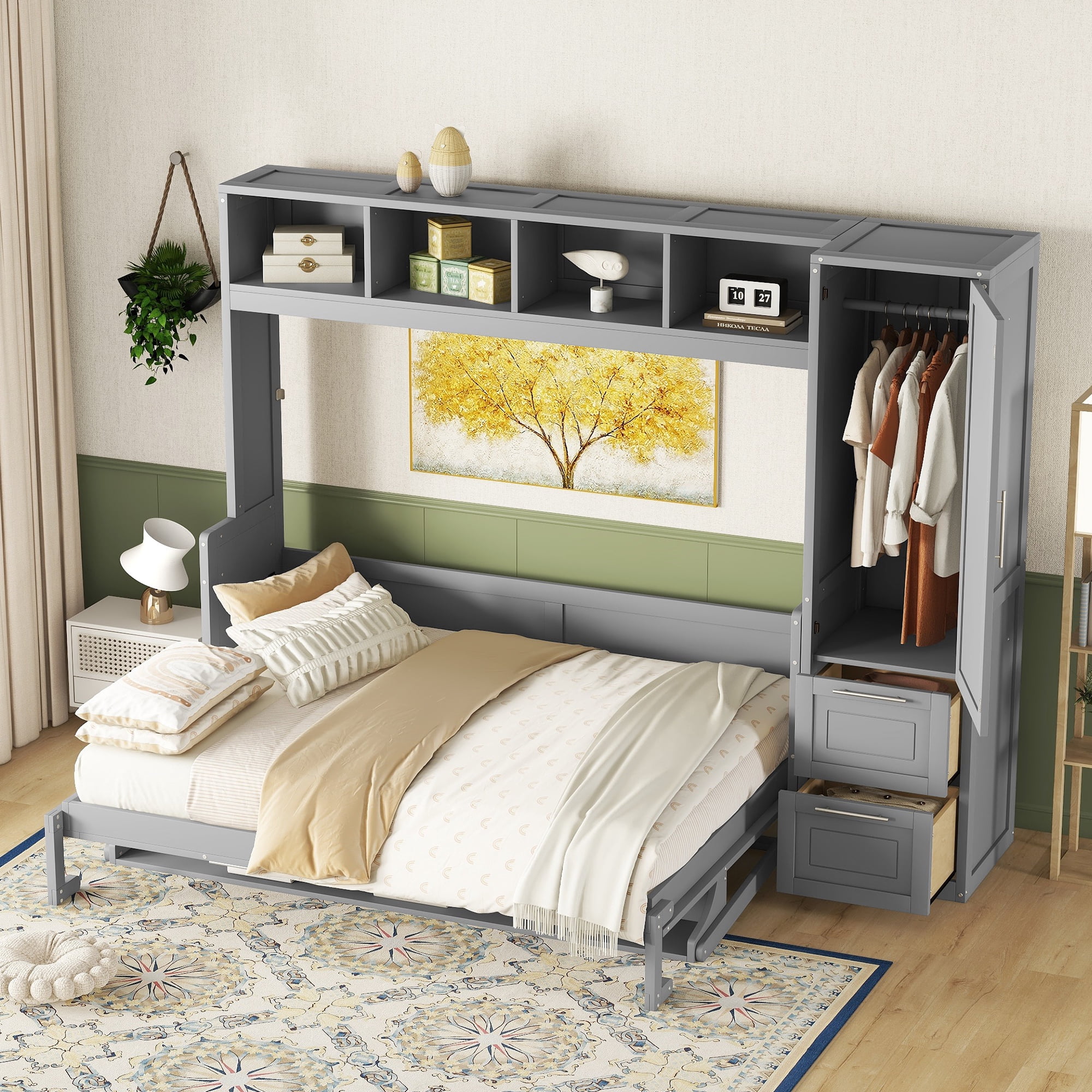 Euroco Wood Queen Size Murphy Bed with Wardrobe, Convertible Wall Bed wiht Cabinets and Shelves, Gray