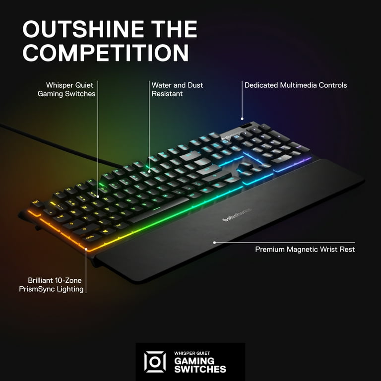 SteelSeries Apex 3 RGB Gaming Keyboard – 10-Zone RGB Illumination – IP32  Water Resistant – Premium Magnetic Wrist Rest (Whisper Quiet Gaming Switch)  