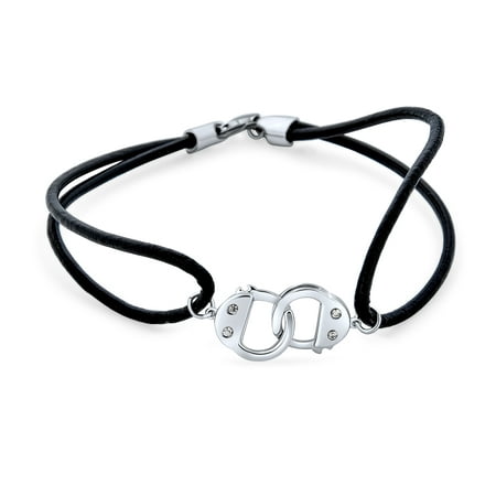 Minimalist Delicate BFF Working Lock Black Genuine Leather Cord Handcuff  Bracelet for Women for Teen .925 Sterling Silver 