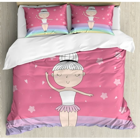 Kids Girls King Size Duvet Cover Set Hand Drawn Little Ballerina