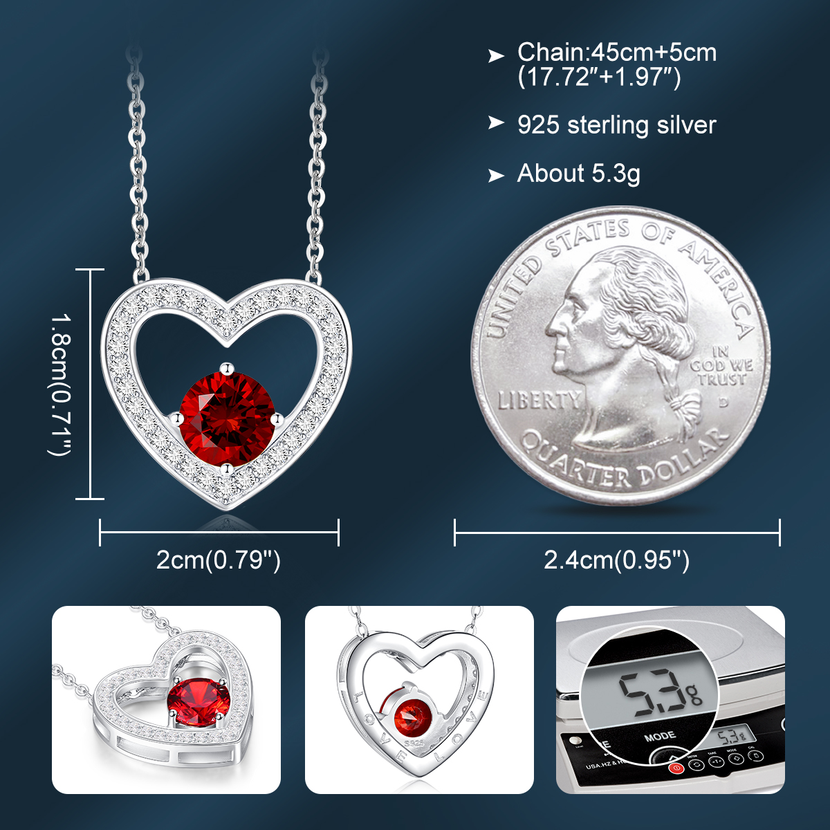 CDE Brave Heart 925 Silver Necklaces with Birthstone for Women Girls Mom Wife Girlfriend, Pendant Necklace Jewelry Gifts for Christmas Birthday Anniversary Valentine's Day - image 3 of 7