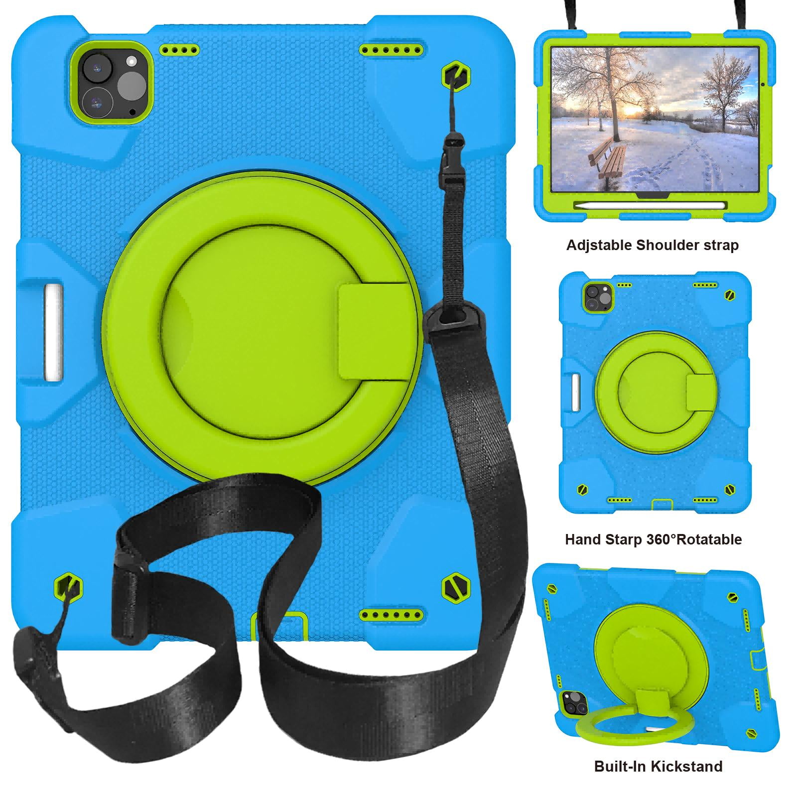 ELEHOLD Military Grade Shockproof Case For Apple iPad Air 11 (2024), Heavy Duty Protection Ring Stand Cover, Adjustable Angel, Detachable Shoulder Strap, Pencil Holder, Blue+Green