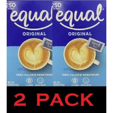 2x EQUAL ORIGINAL Zero Calorie Sweetener 250 Count Packets 8.8 oz Box - 2 PACK