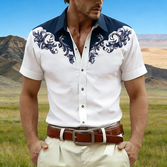 Western Style Printed Short Sleeve Shirt for Everyday Casual Travel Outdoors Men’s Shirt with Theme and Cowboy