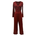thumbnail image 4 of Women's 2 Piece Matching Leisure Set pant suits for women Long Sleeve Side Ruching Top Wide Leg Drawstring Pants Set with Pockets (Red,XS), 4 of 4