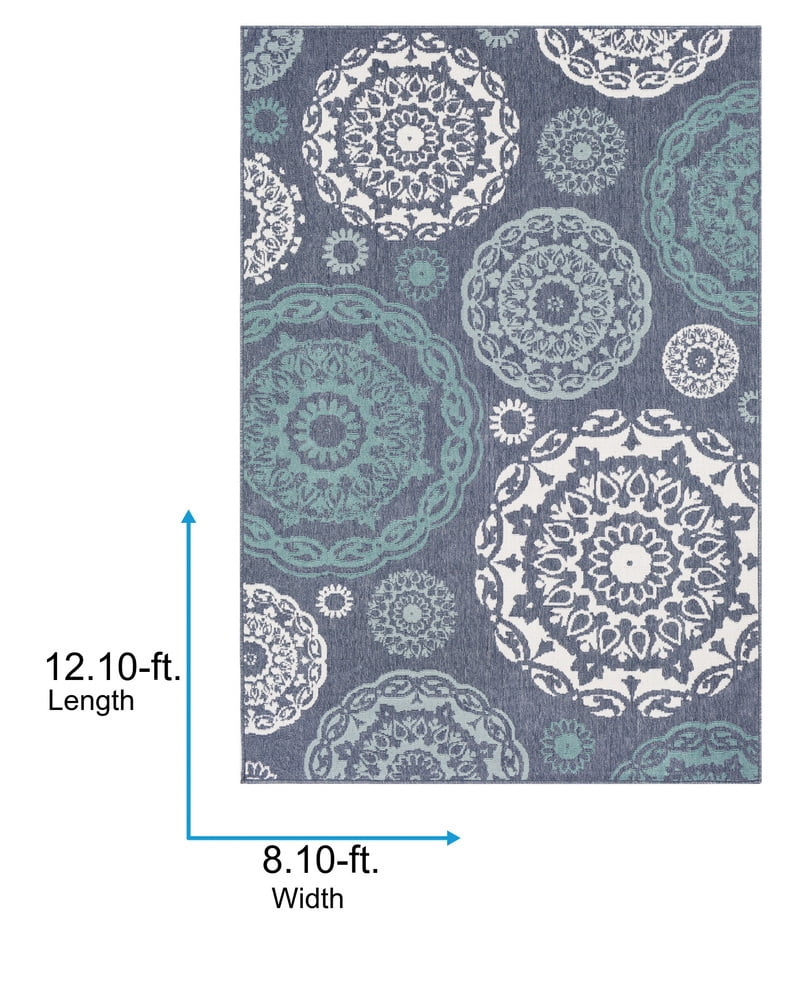 Livabliss Outdoor Rugs, 9x13 Alfresco Cottage Blue Area Rug for Patio, Porch, Deck, Backyard, Waterproof Indoor Outdoor Carpet (8'10" x 12'10")