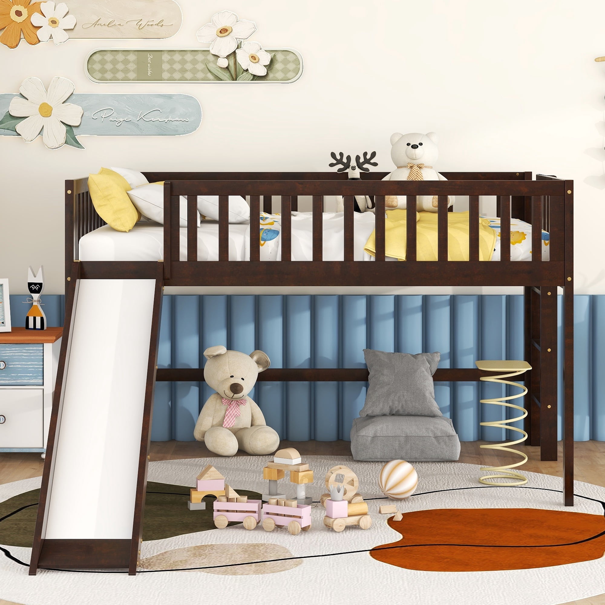 Euroco Wood Full Size Loft Bed, Low Profile Bed with Vertical Ladder and Slide for Kids Teens, Espresso