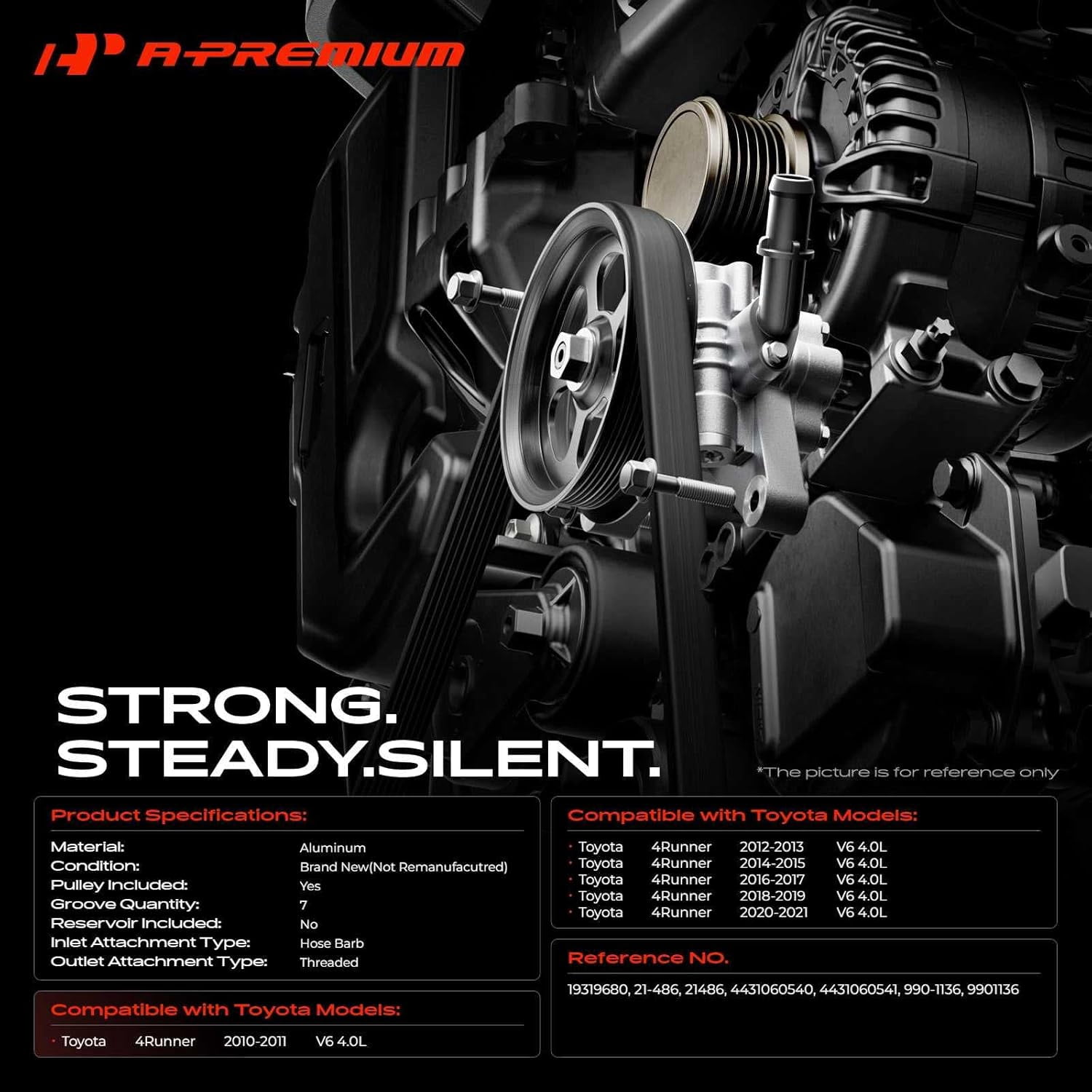 A-Premium Power Steering Pump, with Pulley, Compatible with Toyota 4Runner 2010 2011 2012 2013 2014 2015 2016 2017 2018 2019 2020, V6 4.0L, Replace # 21-486 4431060540