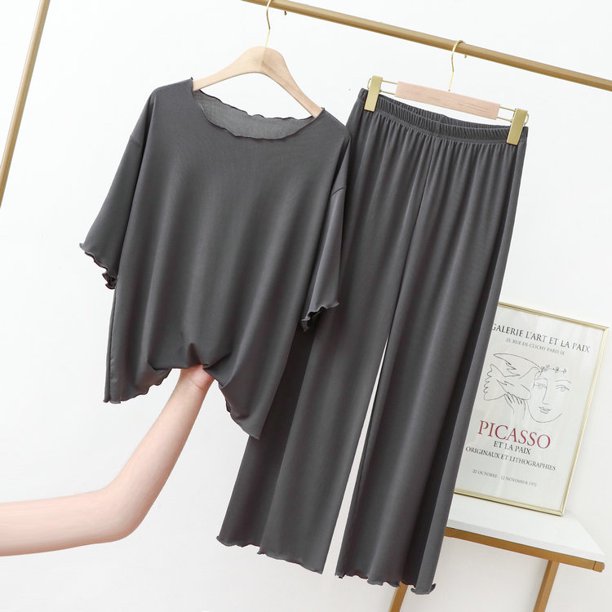 Pantalones anchos recortados de seda de hielo con borde de oreja, traje informal de manga corta de talla grande para mujer, ropa exterior fina de verano, ropa para el hogar, pijamas