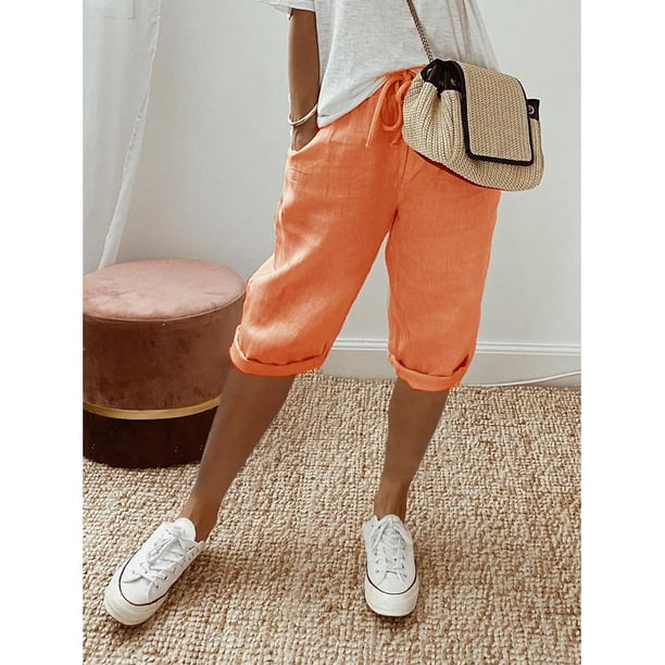 Pantalones casuales elásticos de bolsillo sencillos de moda de algodón y lino para mujer, pantalones de mujer, pantalones de cinco cuartos