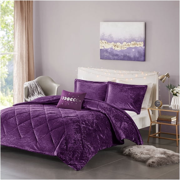JERFIT Purple Crushed Velvet Comforter Set with Decorative Pillow, Diamond Quilted Twin/Twin XL Bedding, Hypoallergenic & Machine Washable