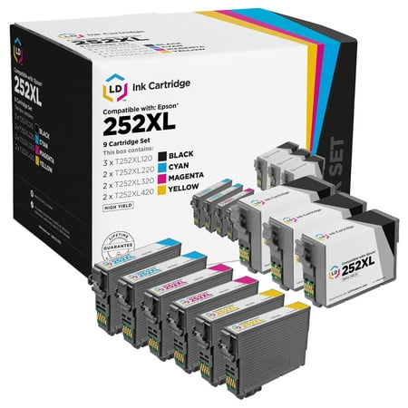 Remanufactured Set of 9 Cartridges for Epson 252XL: 3 Black & 2 each of Cyan, Magenta,