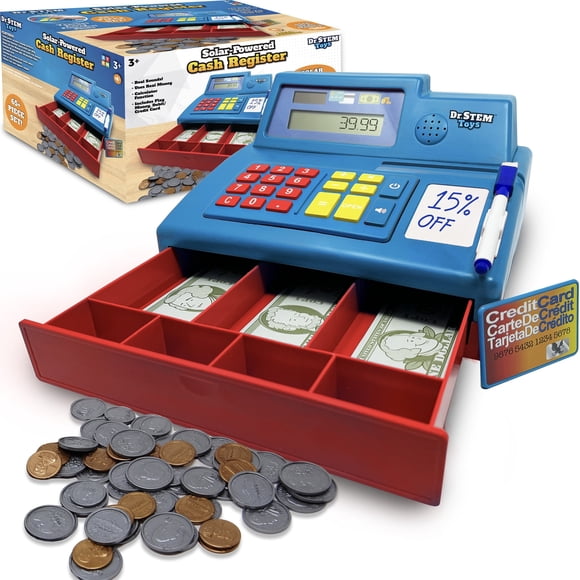 Dr. STEM: Solar-Powered Cash Register - Blue - 68pc Store & Shopping Roleplay Toy, Working Math Calculator, Sounds, Play Money & Debit Card, Kids 3+