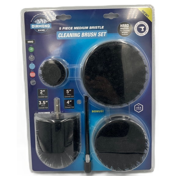 Diamond Shine 5-Piece Medium Bristle Drill Brush Set with Extension Rod, Blue Nylon Power Scrubber Attachments for Bathroom, Kitchen, Car, Outdoor Cleaning, Multiple Sizes 2-5 Inch