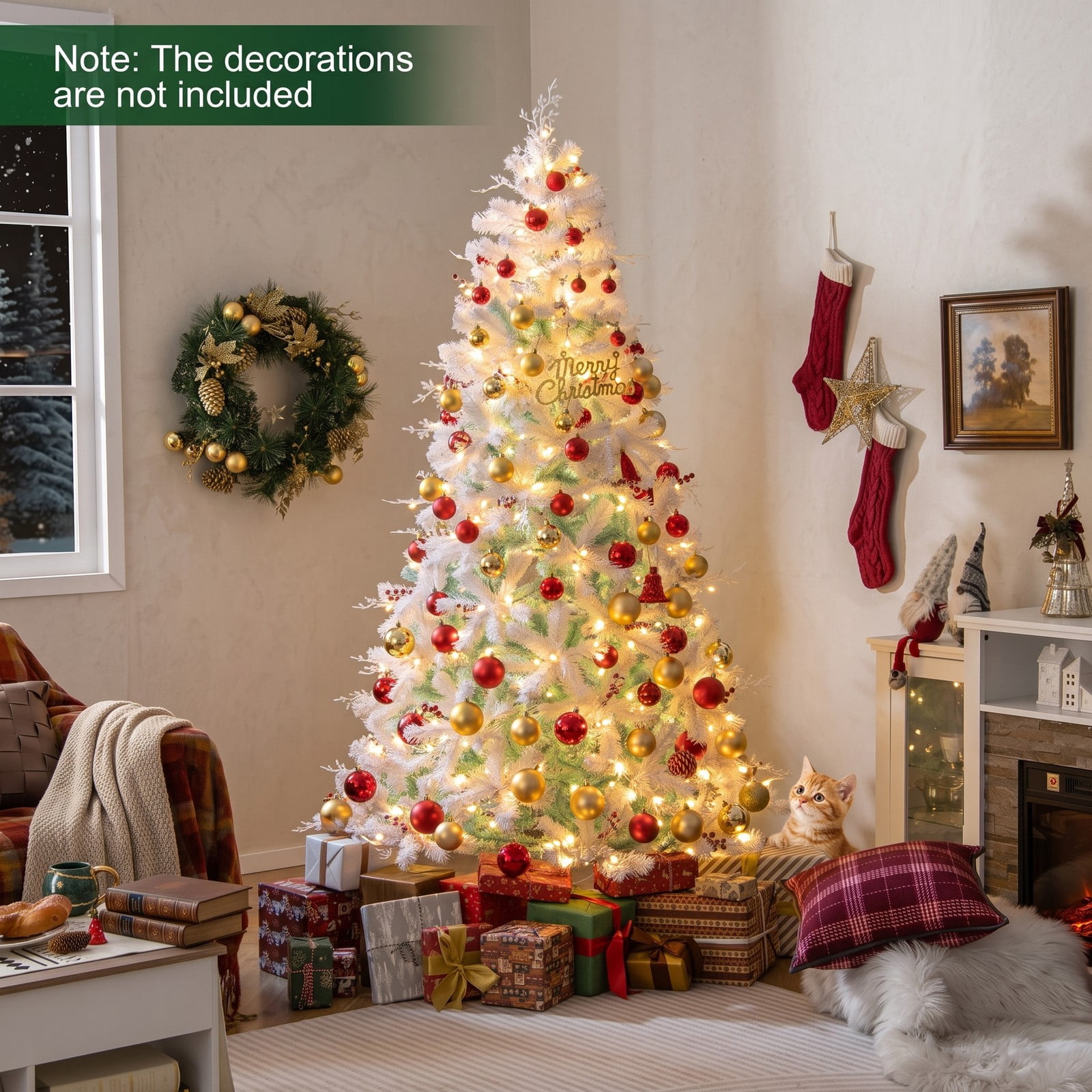 RUIE 7 FT Pre-Lit Artificial Christmas Tree with 350 Warm White LED Lights, Snow Flocked Branch Tips, Frosted Red Berries and Foldable Metal Base, White & Lake Blue