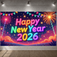 thumbnail image 5 of Colorful Happy New Year Banner Neon  New Year 2026 Display Firework Design Star Pattern NYE Backdrop for New Year Party NYE Celebration Holiday Gathering, 5 of 8