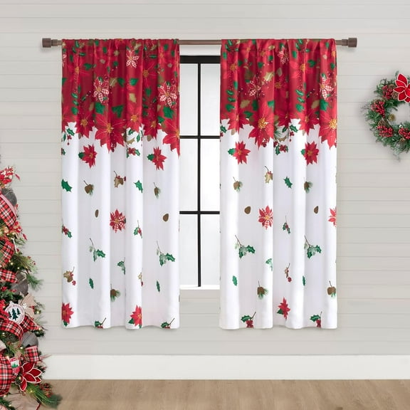 Short Christmas Curtains for Kitchen Windows,Farmhouse Poinsettia Blackout Buffalo Plaid Curtains for Bathroom Window Bedroom,63Inch Length,Red