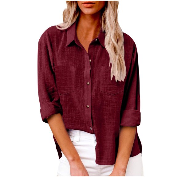 Cotton Linen Shirts for Womens 2026 Button Down Long Sleeve Blouse Casual Dressy Business Work Tops with Front Pocket