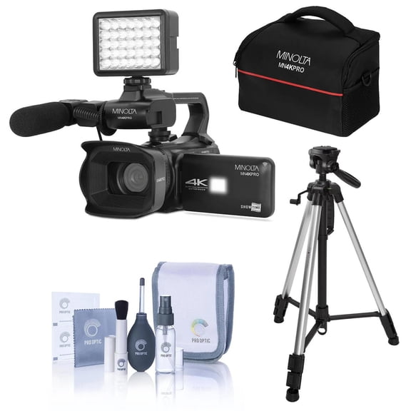 Minolta MN4KPRO 64MP 4K Camcorder Bundle with Tripod and Cleaning Accesories