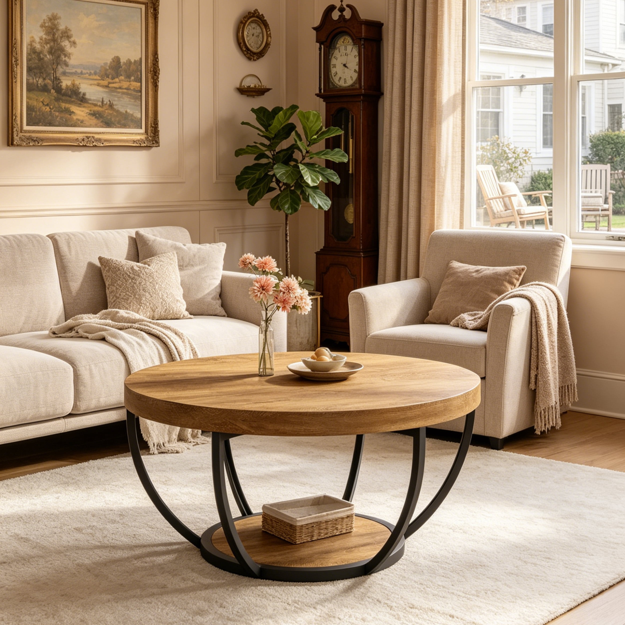 Fnova Coffee Table with 2 - Tier Storage, 32" Round Wood Coffee Table with Metal Legs, Modern Rustic Style Center Table for Living Room, Light Brown and Black