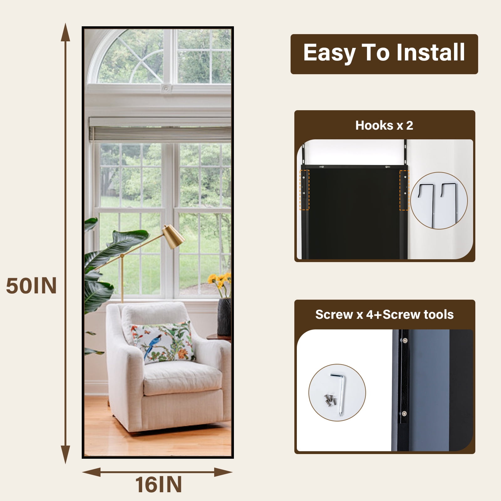 AUROMIR 16"x 50" Full Length Wall-Mounted Door Mirror Rectangular Hanging Mirror, Black