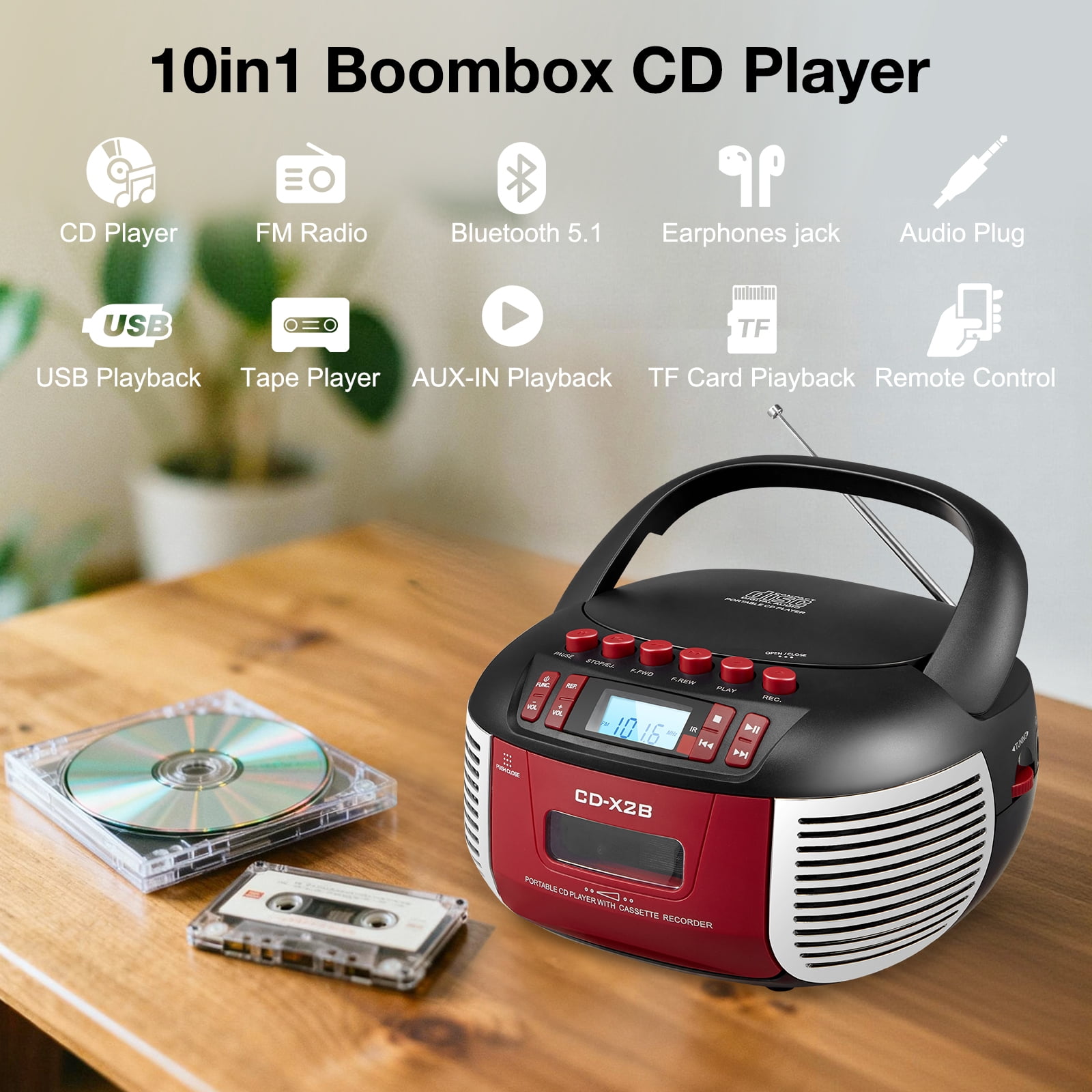 Cassette Boombox CD Player Combo with Bluetooth and Remote,Stereo Speakers,FM Radio,Tape Recording.