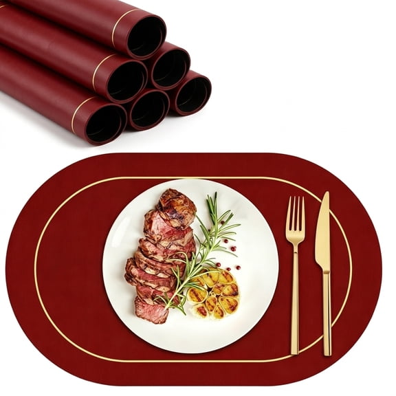 SILOON Faux Leather Placemats Set of 6 - Double-Sided Color Oval Design Dining Table Mats Waterproof Washable Heat Resistant Indoor Outdoor Home Decor Kitchen Table Placemats Wine Red Black