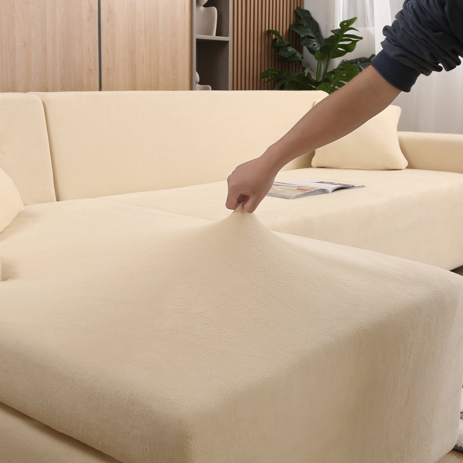 SHANNA Sectional Sofa Slipcovers Thick Velvet L Shape Couch Covers, 2Pcs Stretch Anti-Slip Sofa Covers 3 Seater + 3 Seaters Chaise Cover Furniture Protector,Beige