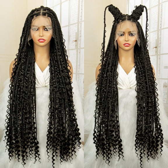 Full Lace Synthetic Boho Braided Wigs with Baby Hair Long Curly Hair Wig with Braids 36 Inches Lace Frontal Braiding Wig for Black Women