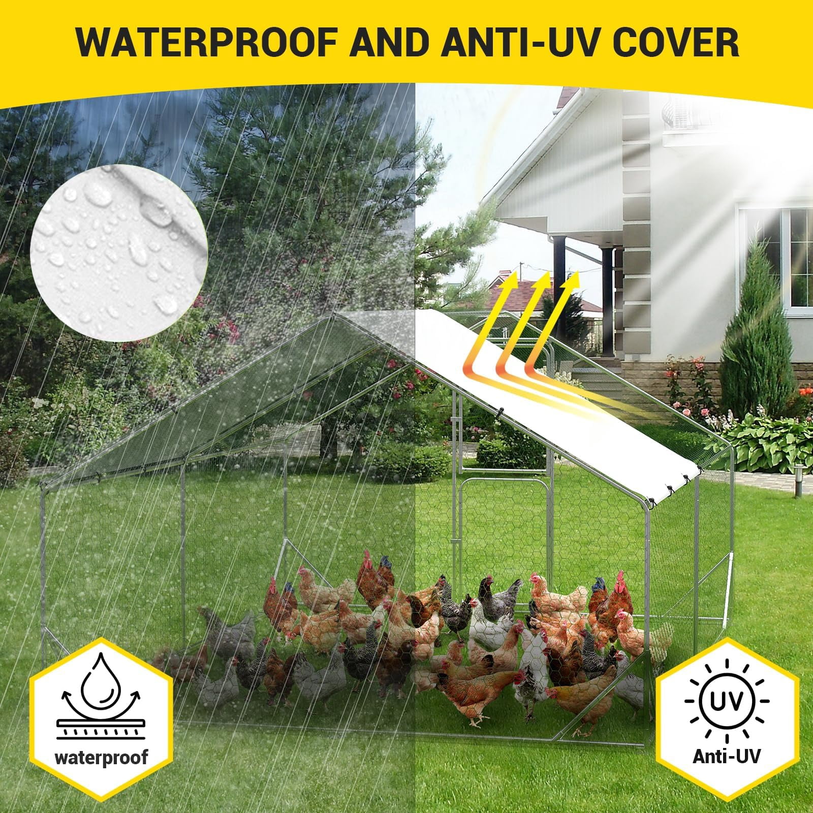 Huisuilinss Large Metal Chicken Coop Poultry Cage With Waterproof Cover Walk-in Metal Poultry Cage Peaked Hen House Chicken Run Pen Dog Kennel Duck Rabbit House For Outdoor Backyard Farm