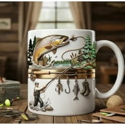 Weloille Fishing Themed Coffee Mug 1 Piece 14 Ounce, Scratch Resistant Durable Drinking Cup, Unique Pattern Large Capacity Mug, for Coffee, Tea, Outdoor Activities, Fishing Enthusiasts Gifts
