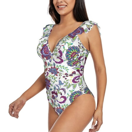 KLL Fairy Flower for Women s Ruffled One Piece Swimsuit Tummy Control Bathing Suit V Neck Swimwear