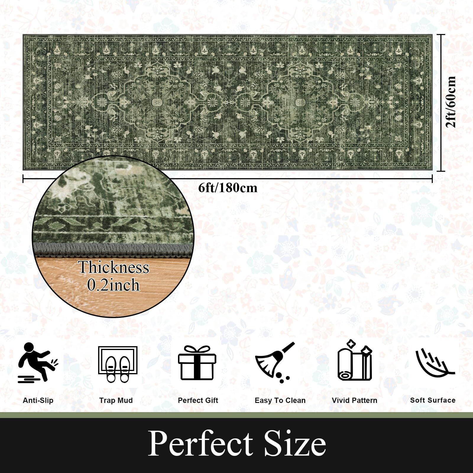 Findosom 2'x6' Vintage Boho Runner Rug Washable Non-slip Area Rug,Hallway Indoor Farmhouse Bedroom Kitchen Living Room Non Shedding Runner, Contemporary Low Plie Floor Carpet Doormat,Green