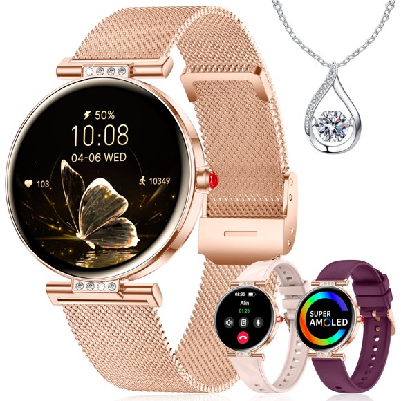 Montre Intelligente pour Femmes 1,19 Po HD AMOLED à Écran Tactile Petite Montre de Mise en Forme avec Appel Bluetooth/cadran Bricolage/fréquence Cardiaque/moniteur de Sommeil, 120+ Modes Sport