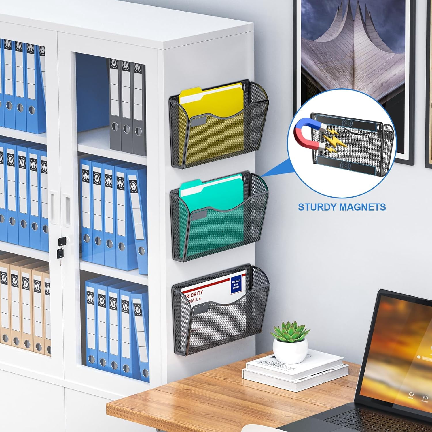 6 Pack Magnetic File Holder, Mesh Wall File Organizer File Pocket Mail Organizer Paper Folder Holder for Office/Home, No Drilling(Magnetic)