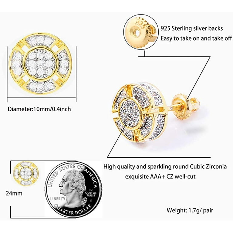 TINGN Aretes Para Hombre 14K Gold Plated 925 Sterling Silver Iced out CZ  Hypoallergenic Round Screw Back Stud Earrings for Men 