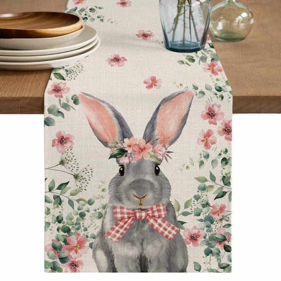 Table Runner 72 Inches Long for Kitchen Dining, Bunny Easter Dresser Scarf Farmhouse, Dining Table Decorations for Wedding/Parties, Spring Floral Eucalyptus Leaves Rustic 14 x 72 In