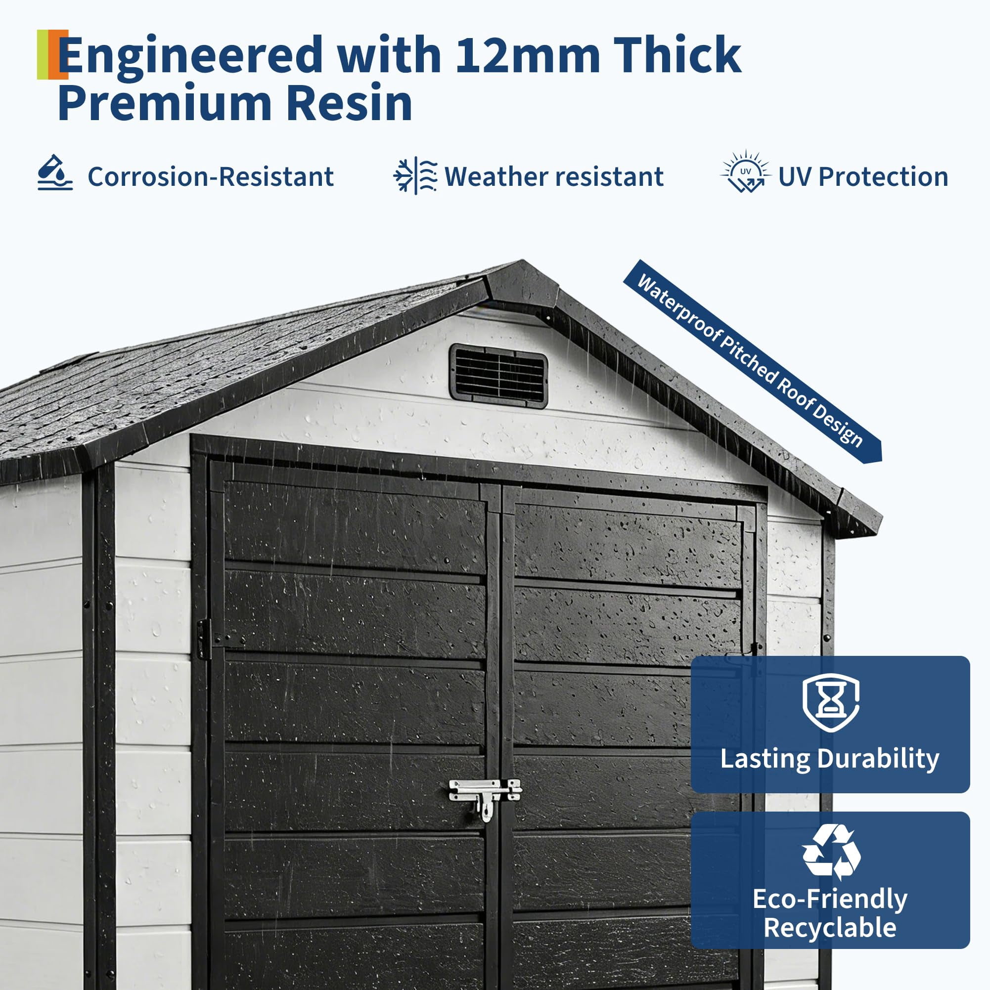 6x4 FT Plastic Resin Outdoor Storage Shed with Floor, Weatherproof Garden Shed with Window & Lockable Door for Tools, Bikes & Lawn Mowers-Gray+ Black