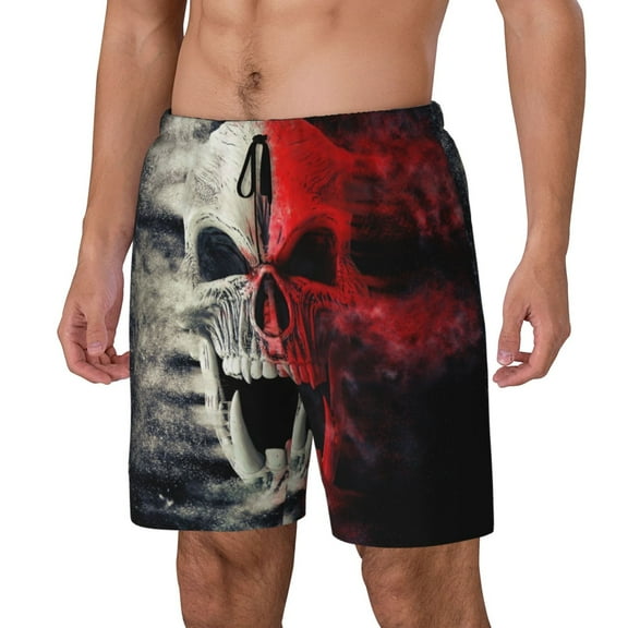 Naloa Red And White Screaming Demon Skull Print Men Swim Trunks with Compression Liner ,Board Shorts,Men's Swim Shorts with Drawstring and Elastic Waistband-Small