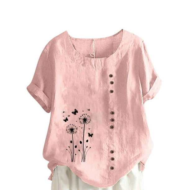 Vestidos Casuales Para Mujer, Blusas De Mujer De Moda Blusa informal de lino con cuello redondo, manga corta y botones para mujer