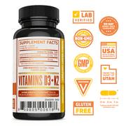 Zhou Nutrition Vitamin D3 K2, Bone and Heart Health Formula 5000 IU Vitamin D3 & 100 mcg Vitamin K2, Max Strength 2 in 1 Immune Support and Calcium Absorption, Gluten Free, 60 Count